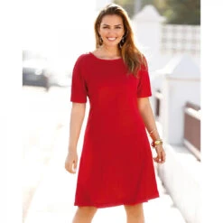 Robe Unie Cintrée évasée Manches Aux Coudes Femme - Rouge | 3 SUISSES