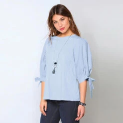 Tee-shirt Manches 3/4 Bouffantes Rubans Noués Femme - Bleu Ciel | 3 SUISSES