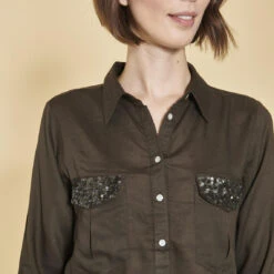 Blouse Manches Longues Poches Poitrine Avec Sequins Femme - Kaki | 3 SUISSES