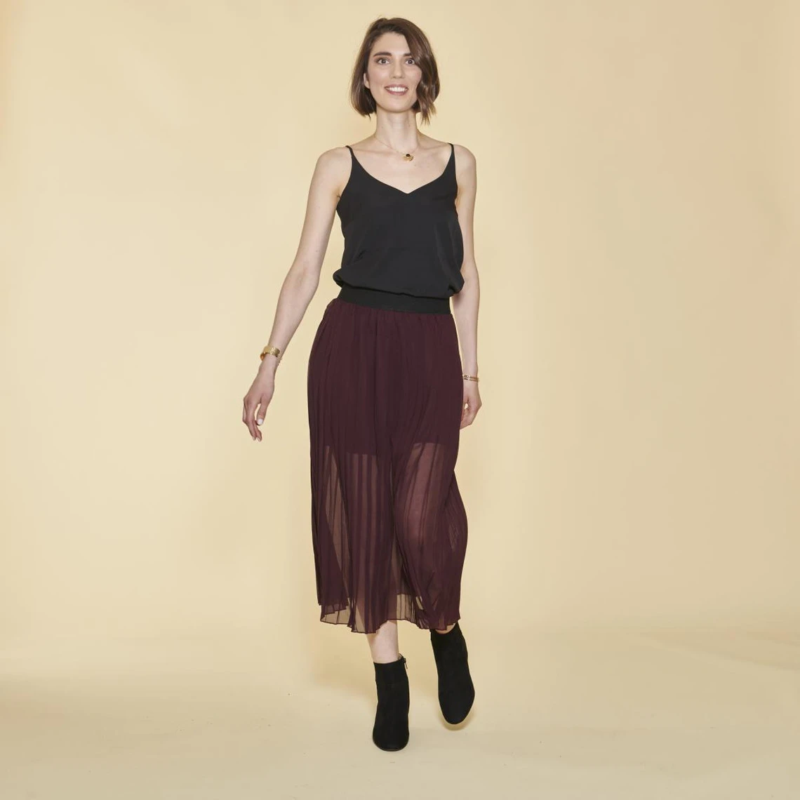 Jupe Longue Plissée Taille élastique Femme - Lie De Vin | 3 SUISSES – Image 2