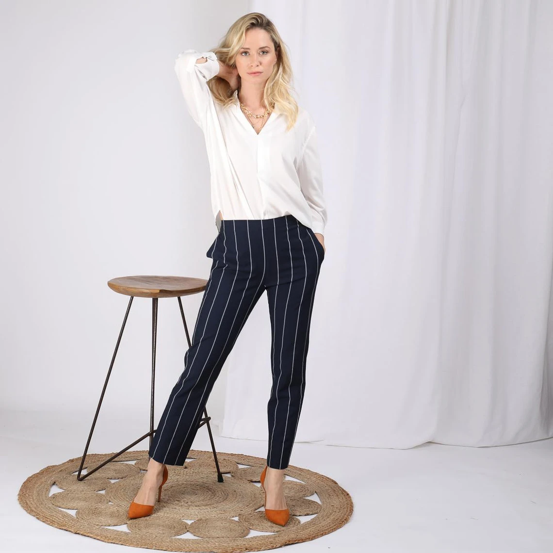 Pantalon Rayé Taille élastique Poches Et Pinces Dos Femme - Rayé Bleu Marine | 3 SUISSES – Image 2