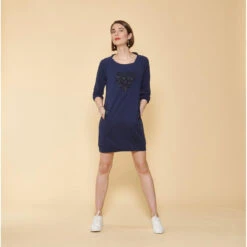 Robe Courte Cintrée Manches 3/4 Bas Côtelé Et Poches Femme - Bleu Indigo | 3 SUISSES