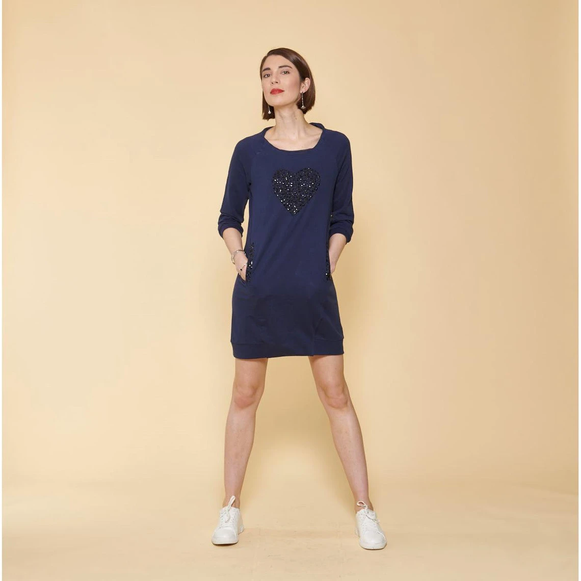 Robe Courte Cintrée Manches 3/4 Bas Côtelé Et Poches Femme - Bleu Indigo | 3 SUISSES