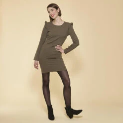 Robe Courte Manches Longues Avec Volants Femme - Kaki | 3 SUISSES