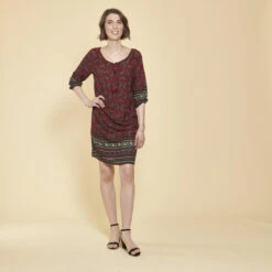 Robe-tunique Col Caftan Avec Dentelle Manches 3/4 élastiquées Femme - Grenat | 3 SUISSES
