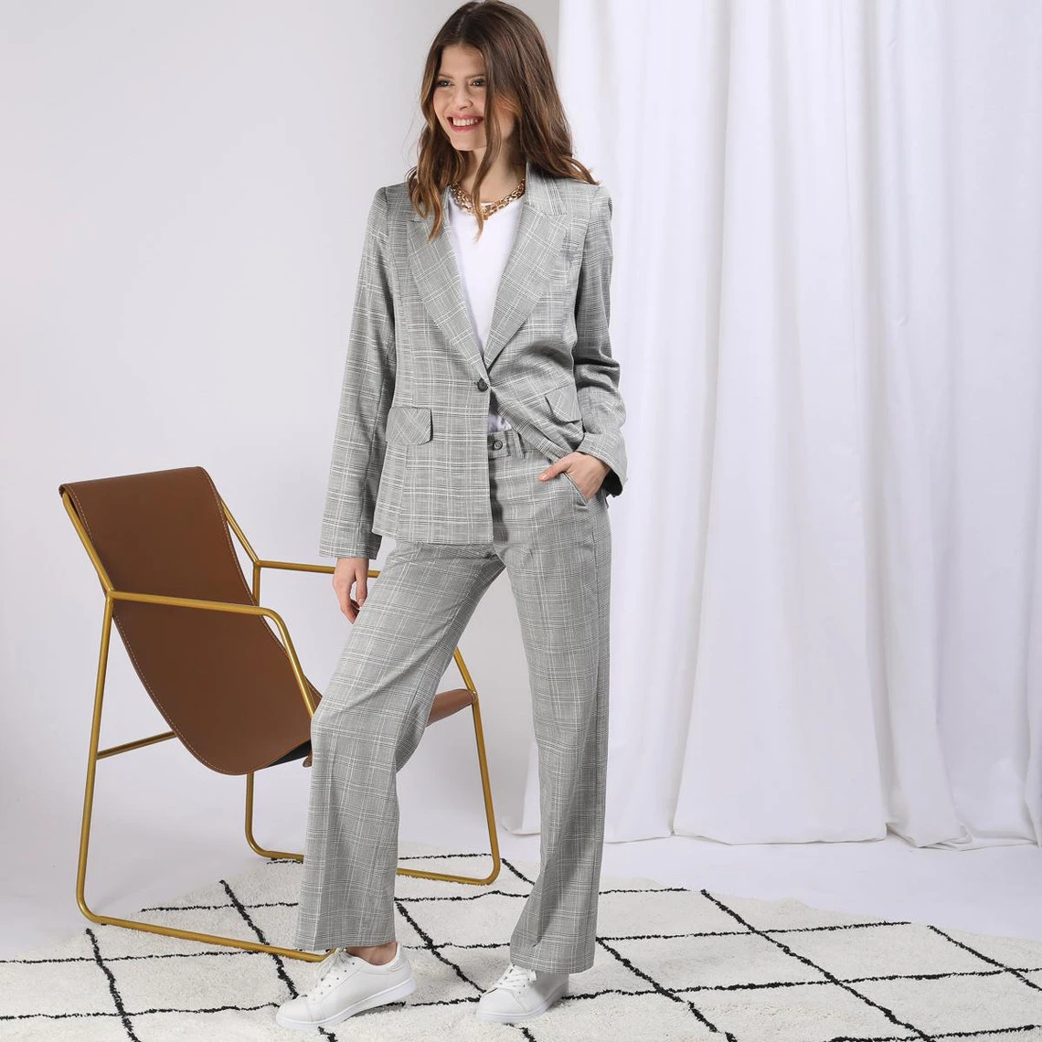 Tailleur Pantalon à Carreaux Lurex Marin | Pantalon Droit 3 SUISSES – Image 6