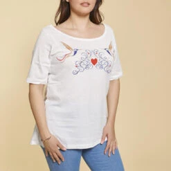 Tee-shirt Col Rond Manches Aux Coudes Broderie Devant Grandes Tailles Femme - écru | 3 SUISSES