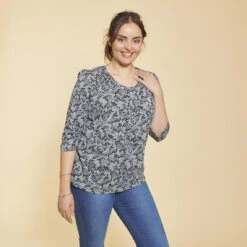 Tee-shirt Imprimé Col Rond Plissé Manches 3/4 Femme - Imprimé Gris | 3 SUISSES